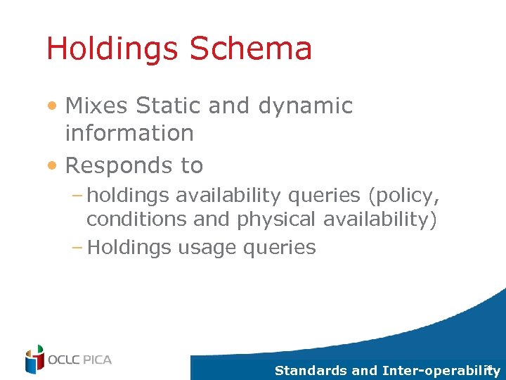 Holdings Schema • Mixes Static and dynamic information • Responds to – holdings availability