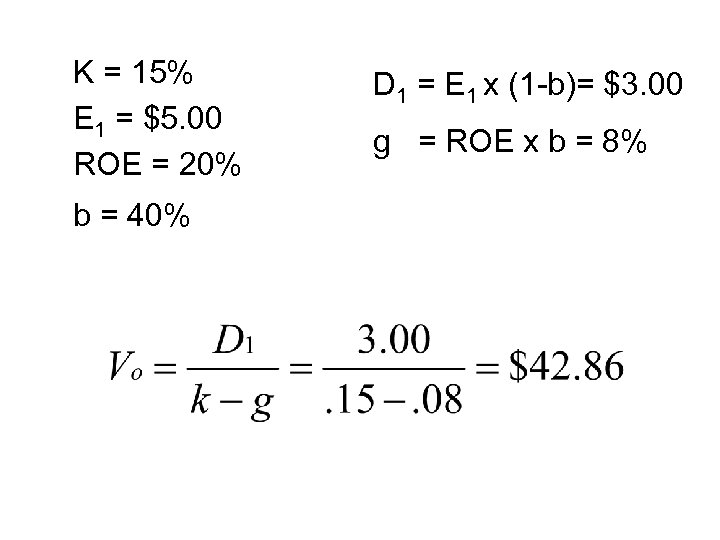 K = 15% E 1 = $5. 00 ROE = 20% b = 40%