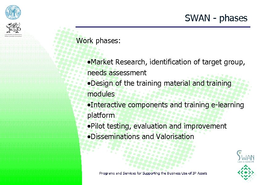 SWAN - phases Work phases: ·Market Research, identification of target group, needs assessment ·Design