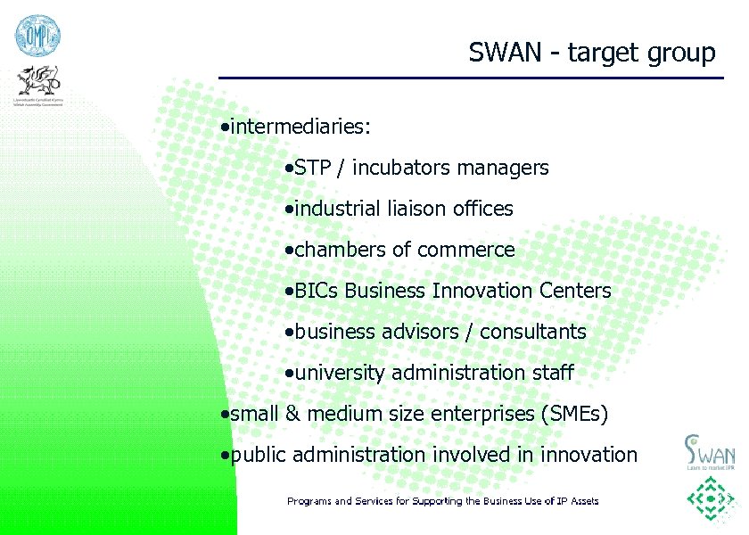 SWAN - target group ·intermediaries: ·STP / incubators managers ·industrial liaison offices ·chambers of