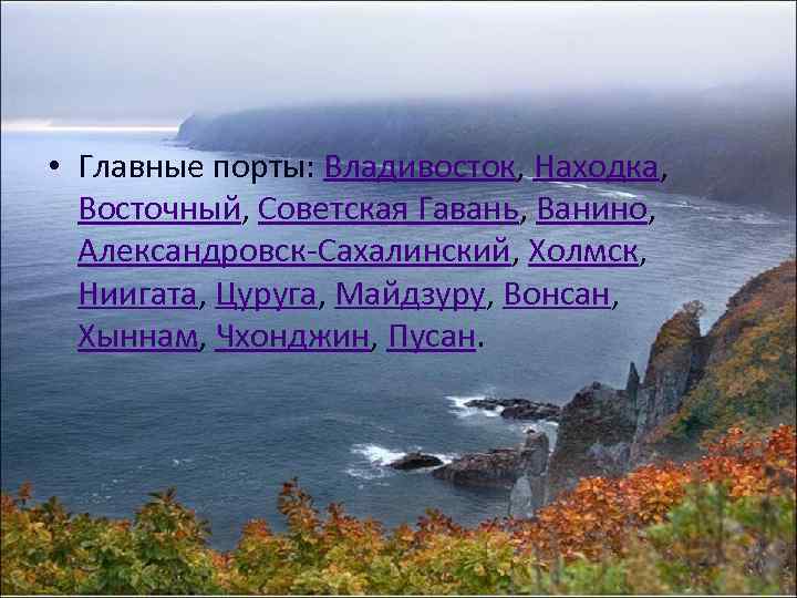  • Главные порты: Владивосток, Находка, Восточный, Советская Гавань, Ванино, Александровск-Сахалинский, Холмск, Ниигата, Цуруга,