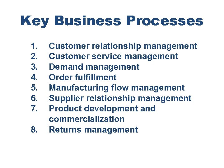 Key Business Processes 1. 2. 3. 4. 5. 6. 7. 8. Customer relationship management