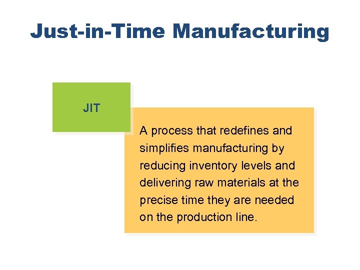 Just-in-Time Manufacturing JIT A process that redefines and simplifies manufacturing by reducing inventory levels