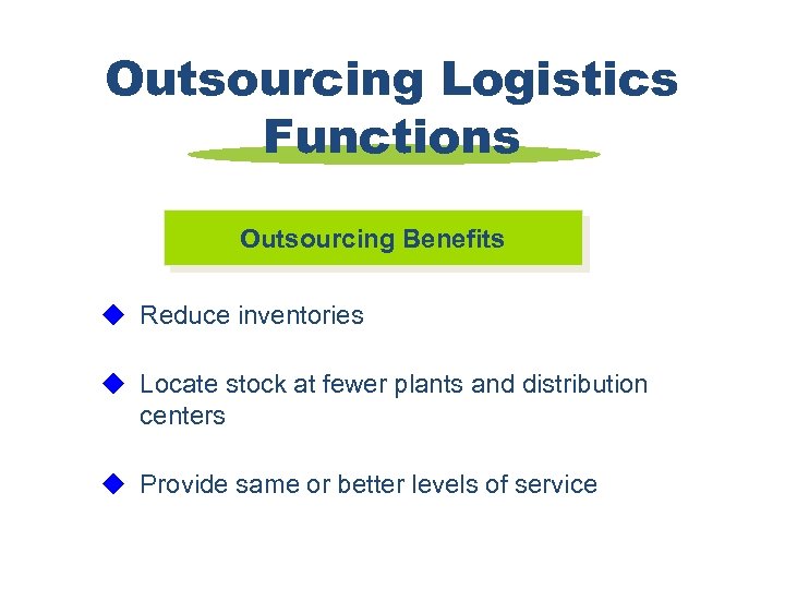 Outsourcing Logistics Functions Outsourcing Benefits u Reduce inventories u Locate stock at fewer plants