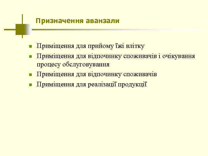 Призначення аванзали n n Приміщення для прийому їжі влітку Приміщення для відпочинку споживачів і