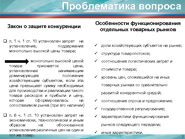 Проблематика вопроса Закон о защите конкуренции Особенности функционирования отдельных товарных рынков q п. 1