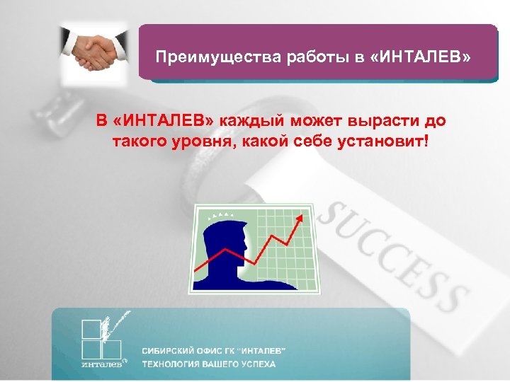 Преимущества работы в «ИНТАЛЕВ» В «ИНТАЛЕВ» каждый может вырасти до такого уровня, какой себе