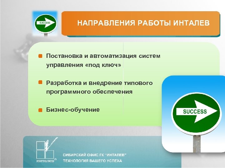 НАПРАВЛЕНИЯ РАБОТЫ ИНТАЛЕВ Постановка и автоматизация систем управления «под ключ» Разработка и внедрение типового
