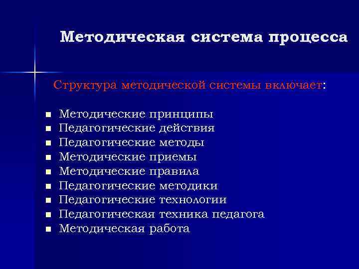 Методическая система процесса Структура методической системы включает: n n n n n Методические принципы