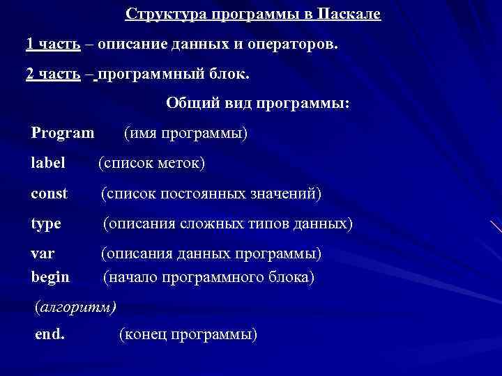 Структура программы в Паскале 1 часть – описание данных и операторов. 2 часть –
