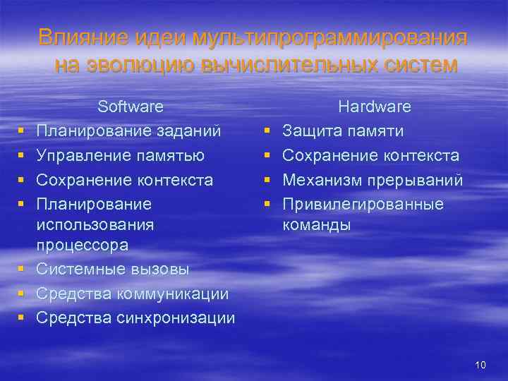 Влияние идеи мультипрограммирования на эволюцию вычислительных систем § § § § Software Планирование заданий