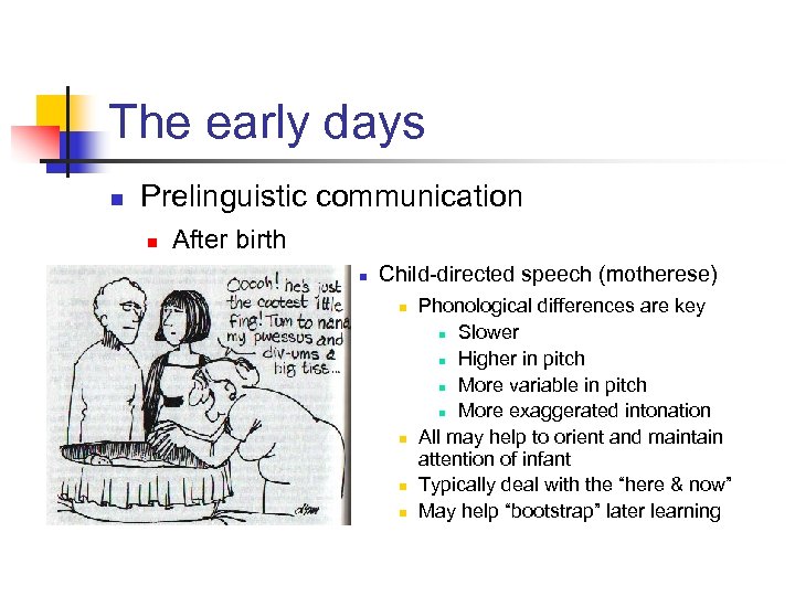 The early days n Prelinguistic communication n After birth n Child-directed speech (motherese) n
