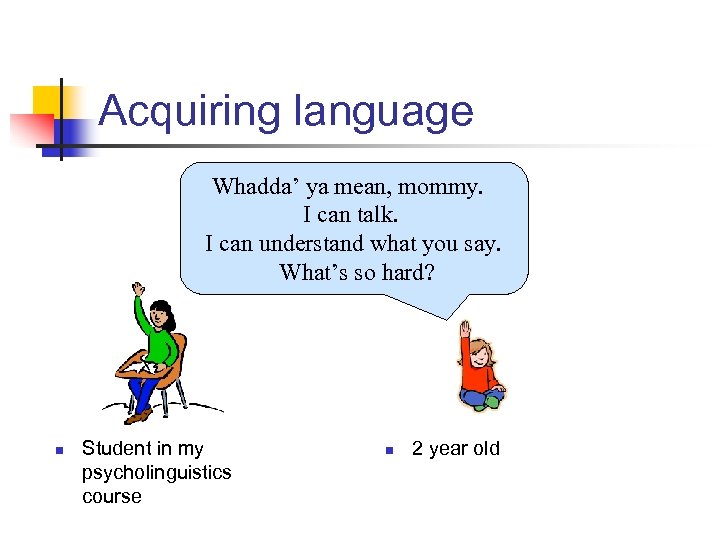 Acquiring language Whadda’ ya mean, mommy. I can talk. I can understand what you