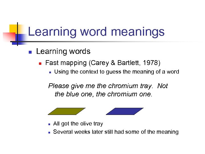 Learning word meanings n Learning words n Fast mapping (Carey & Bartlett, 1978) n