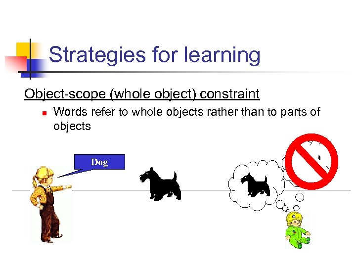 Strategies for learning Object-scope (whole object) constraint n Words refer to whole objects rather