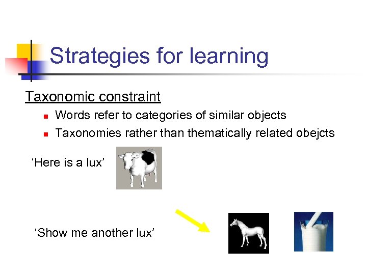 Strategies for learning Taxonomic constraint n n Words refer to categories of similar objects