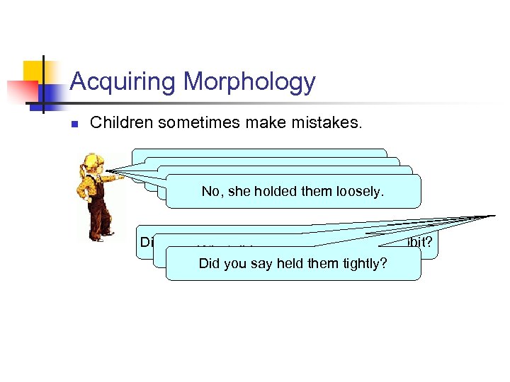 Acquiring Morphology n Children sometimes make mistakes. My teacher holded the baby rabbits. Yes