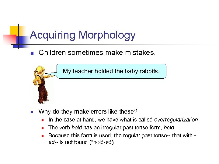 Acquiring Morphology n Children sometimes make mistakes. My teacher holded the baby rabbits. n