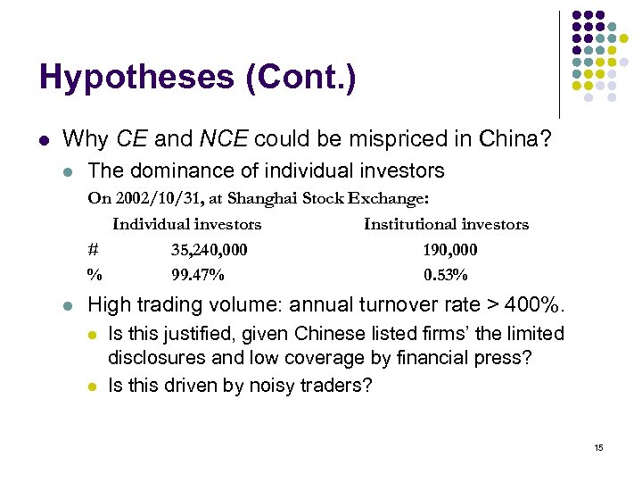 Hypotheses (Cont. ) l Why CE and NCE could be mispriced in China? l