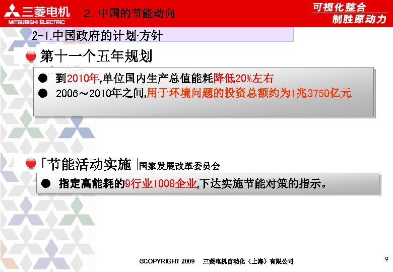 ２．中国的节能动向 2 -1. 中国政府的计划·方针 第十一个五年规划 ●　到 2010年, 单位国内生产总值能耗降低20%左右　 ●　2006～ 2010年之间, 用于环境问题的投资总额约为 1兆3750亿元 　　 「节能活动实施」