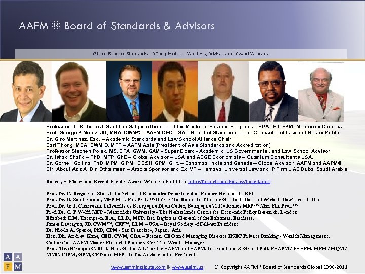 AAFM ® Board of Standards & Advisors Global Board of Standards – A Sample