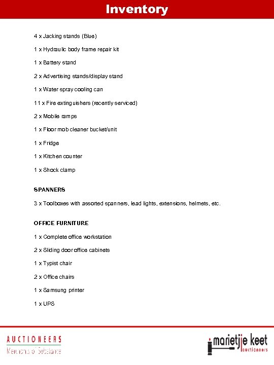Inventory 4 x Jacking stands (Blue) 1 x Hydraulic body frame repair kit 1