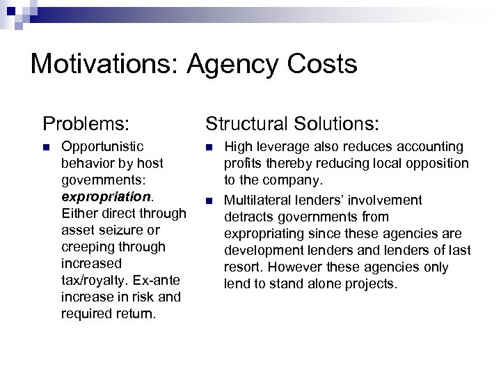 Motivations: Agency Costs Problems: n Opportunistic behavior by host governments: expropriation. Either direct through