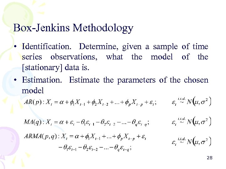 Box-Jenkins Methodology • Identification. Determine, given a sample of time series observations, what the