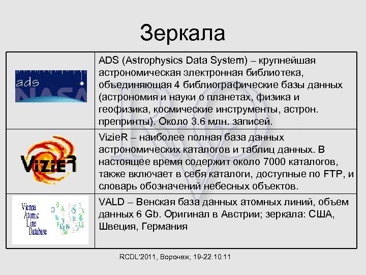 Зеркала ADS (Astrophysics Data System) – крупнейшая астрономическая электронная библиотека, объединяющая 4 библиографические базы