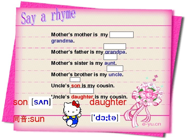 Mother’s mother is my grandma. Mother’s father is my grandpa. Mother’s sister is my