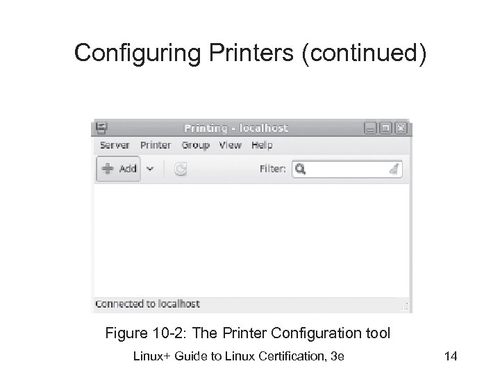Configuring Printers (continued) Figure 10 -2: The Printer Configuration tool Linux+ Guide to Linux