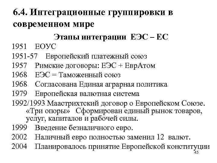 6. 4. Интеграционные группировки в современном мире Этапы интеграции ЕЭС – ЕС 1951 ЕОУС