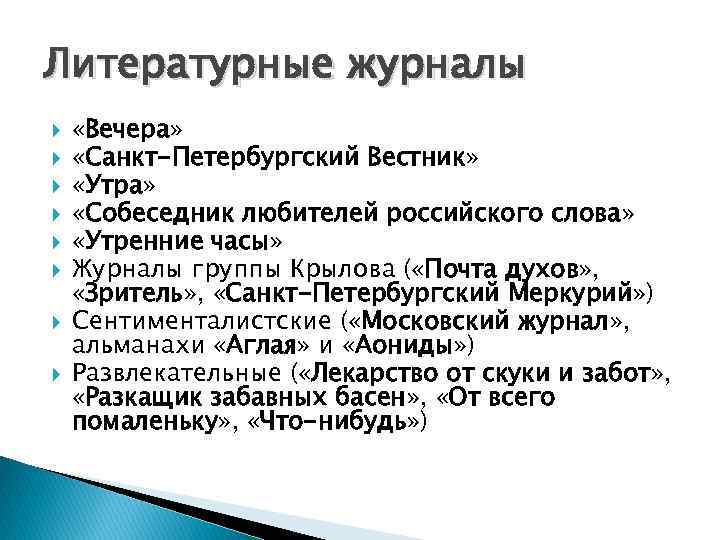 Литературные журналы «Вечера» «Санкт-Петербургский Вестник» «Утра» «Собеседник любителей российского слова» «Утренние часы» Журналы группы