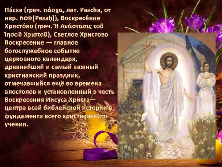 Па сха (греч. πάσχα, лат. Pascha, от ивр. [פסח Pesaḥ]), Воскресе ние Христо во