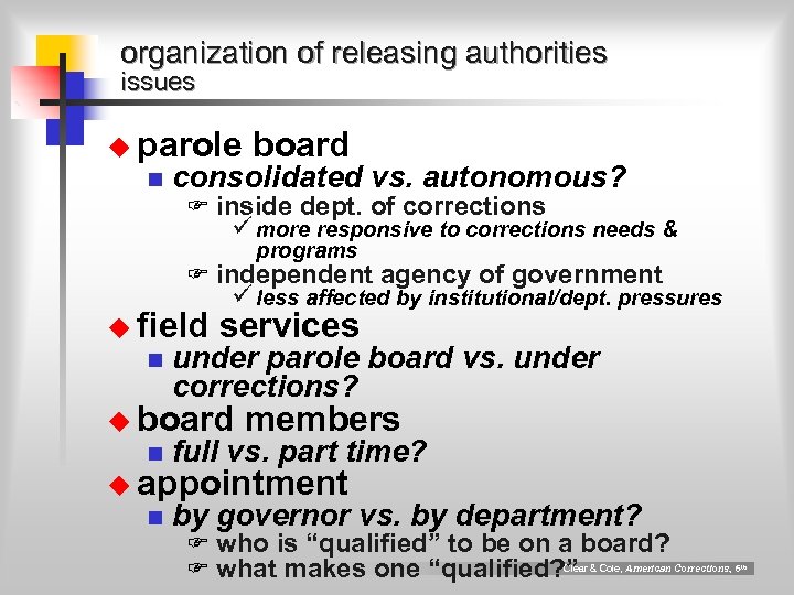 organization of releasing authorities issues u parole n board consolidated vs. autonomous? F inside