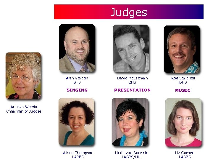 Judges Alan Gordon BHS David Mc. Eachern BHS Rod Sgrignoli BHS SINGING PRESENTATION MUSIC