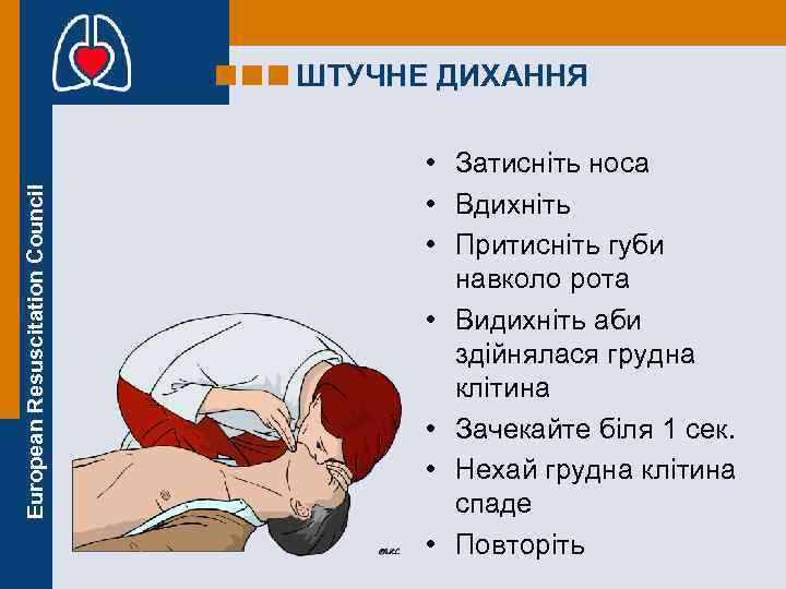 European Resuscitation Council ШТУЧНЕ ДИХАННЯ • Затисніть носа • Вдихніть • Притисніть губи навколо