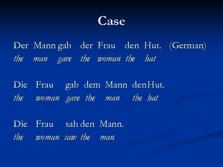 Case Der Mann gab der Frau den Hut. (German) the man gave the woman