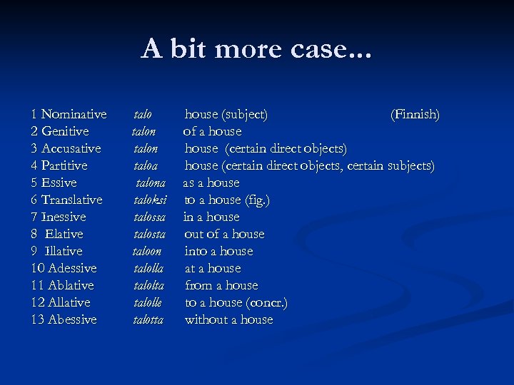 A bit more case. . . 1 Nominative 2 Genitive 3 Accusative 4 Partitive