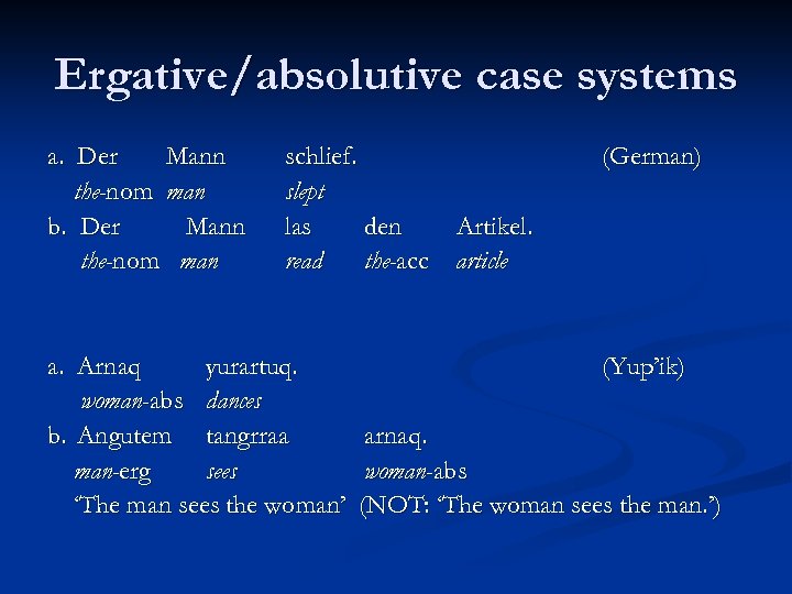 Ergative/absolutive case systems a. Der Mann the-nom man b. Der Mann the-nom man schlief.