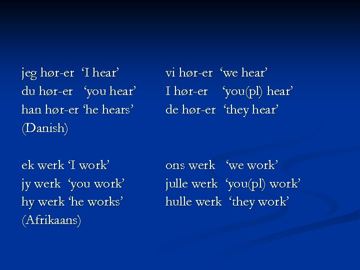 jeg hør-er ‘I hear’ du hør-er ‘you hear’ han hør-er ‘he hears’ (Danish) vi