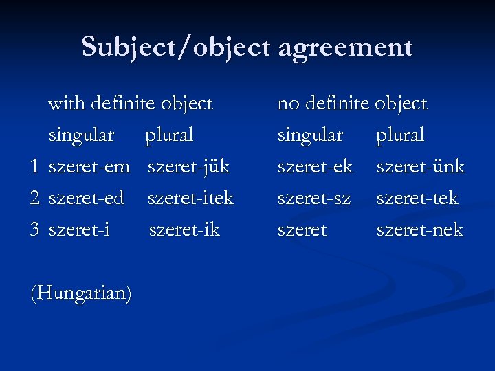 Subject/object agreement 1 2 3 with definite object singular plural szeret-em szeret-jük szeret-ed szeret-itek