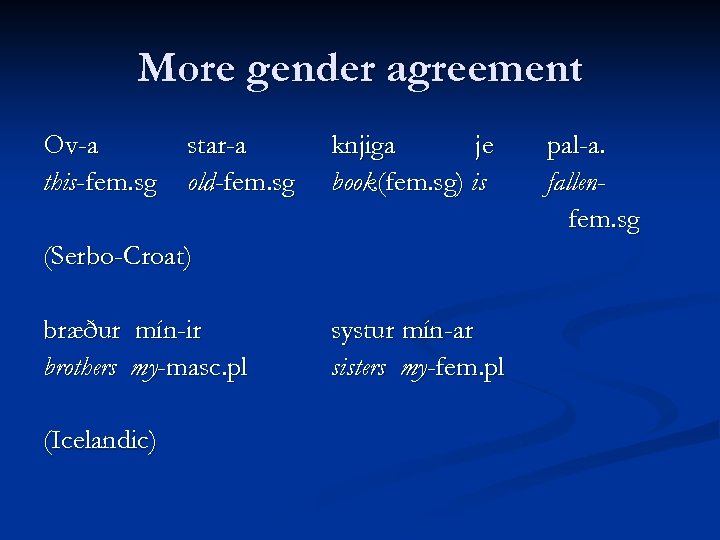More gender agreement Ov-a this-fem. sg star-a old-fem. sg knjiga je book(fem. sg) is