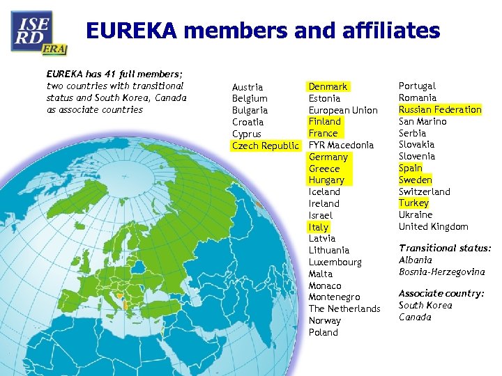EUREKA members and affiliates EUREKA has 41 full members; two countries with transitional status