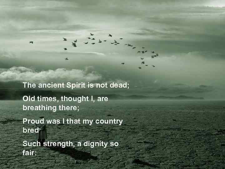 The ancient Spirit is not dead; Old times, thought I, are breathing there; Proud