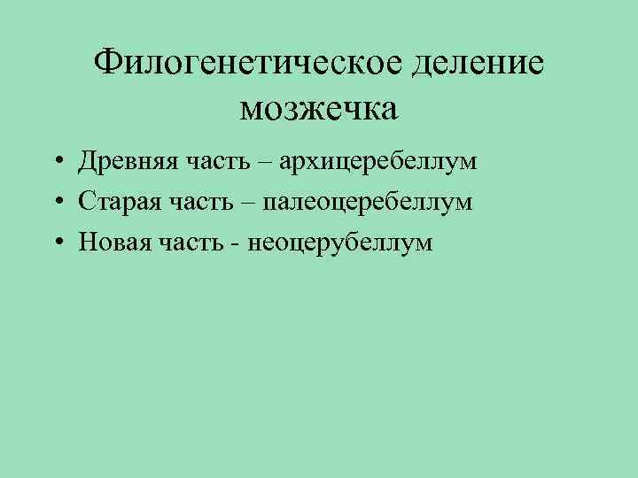 Филогенетическое деление мозжечка • Древняя часть – архицеребеллум • Старая часть – палеоцеребеллум •