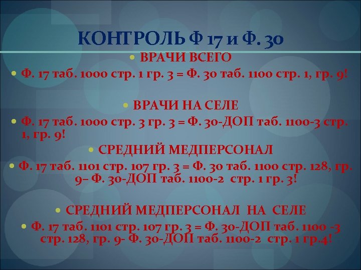 КОНТРОЛЬ Ф 17 и Ф. 30 ВРАЧИ ВСЕГО Ф. 17 таб. 1000 стр. 1