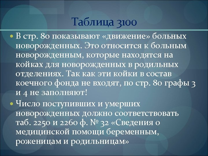 Таблица 3100 В стр. 80 показывают «движение» больных новорожденных. Это относится к больным новорожденным,