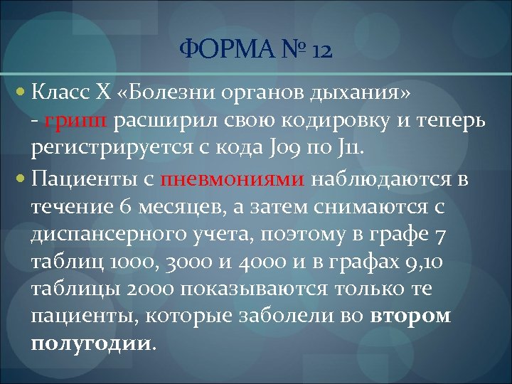 ФОРМА № 12 Класс Х «Болезни органов дыхания» - грипп расширил свою кодировку и