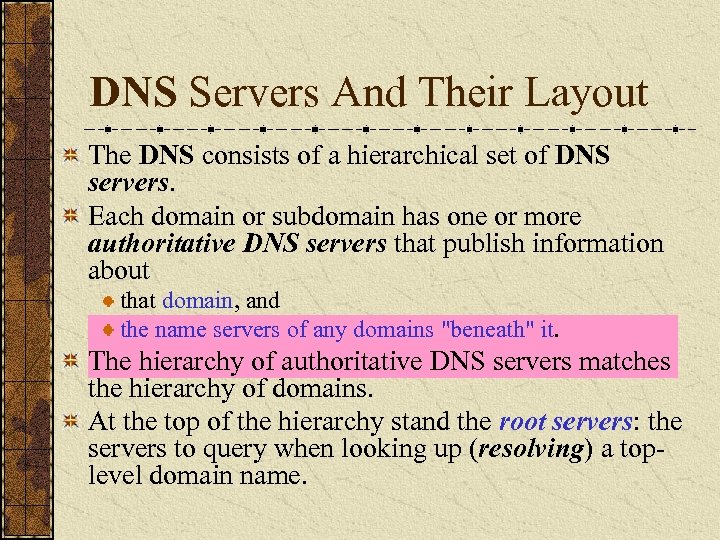 DNS Servers And Their Layout The DNS consists of a hierarchical set of DNS